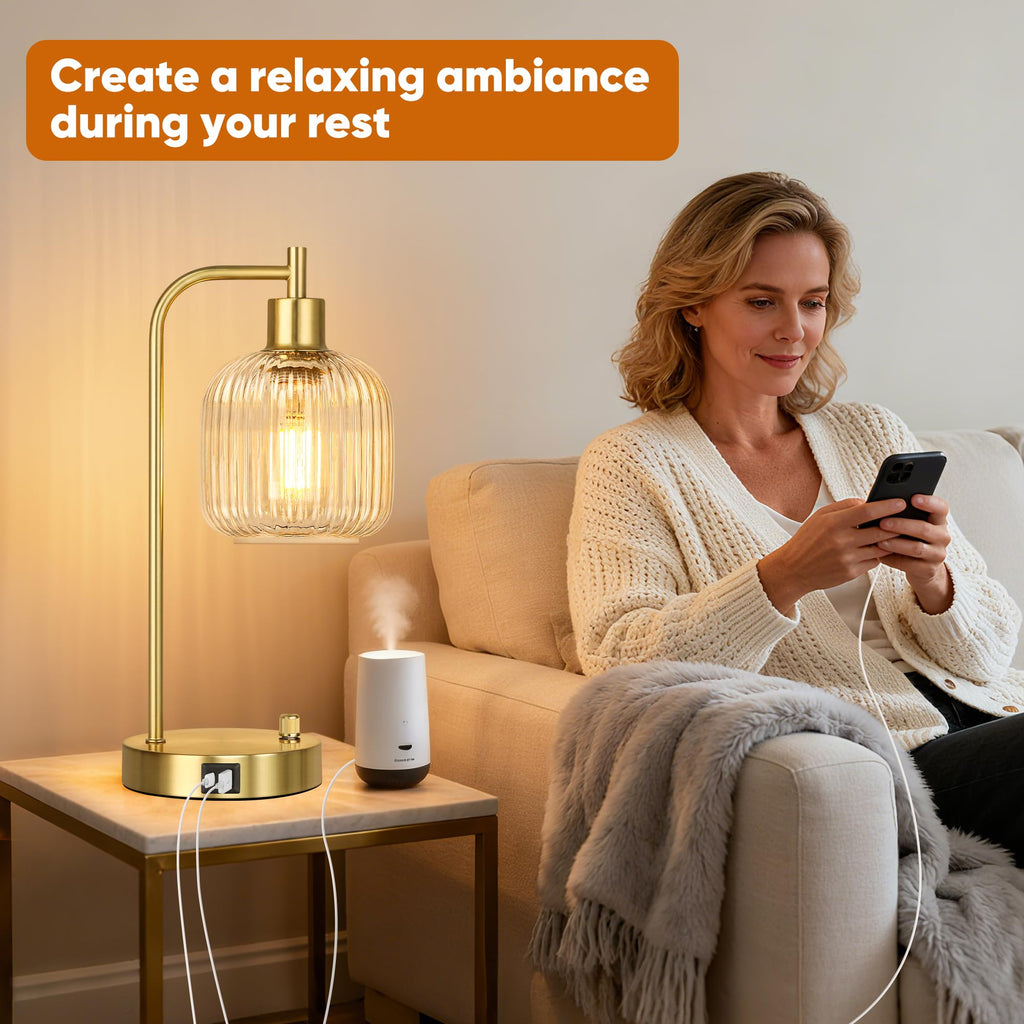 QiMH Industrial Table Lamp Set (2) – Clear Glass, USB Ports, Dimmable, Gold Base