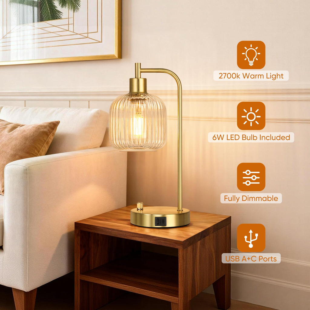 QiMH Industrial Table Lamp Set (2) – Clear Glass, USB Ports, Dimmable, Gold Base