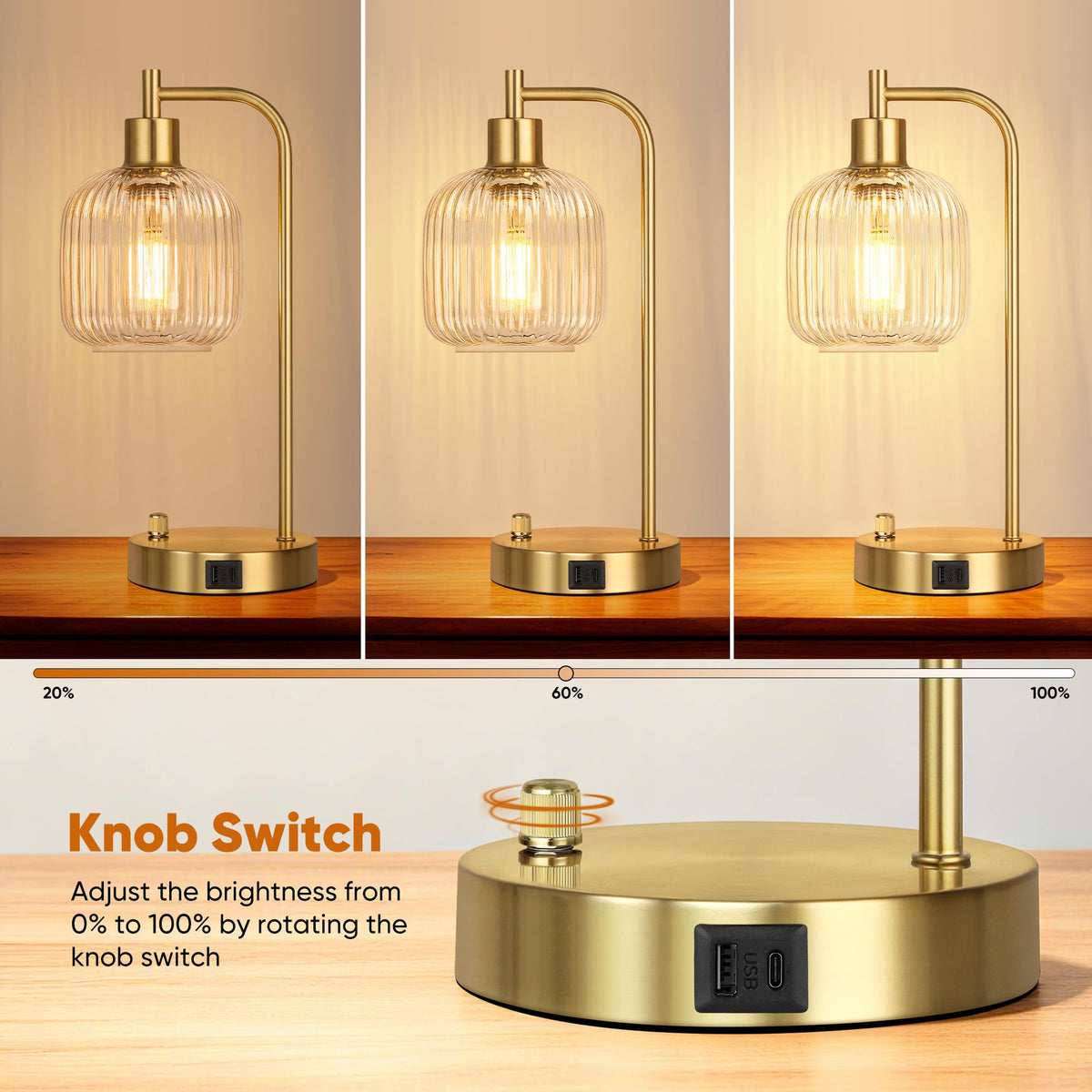QiMH Industrial Table Lamp Set (2) – Clear Glass, USB Ports, Dimmable, Gold Base