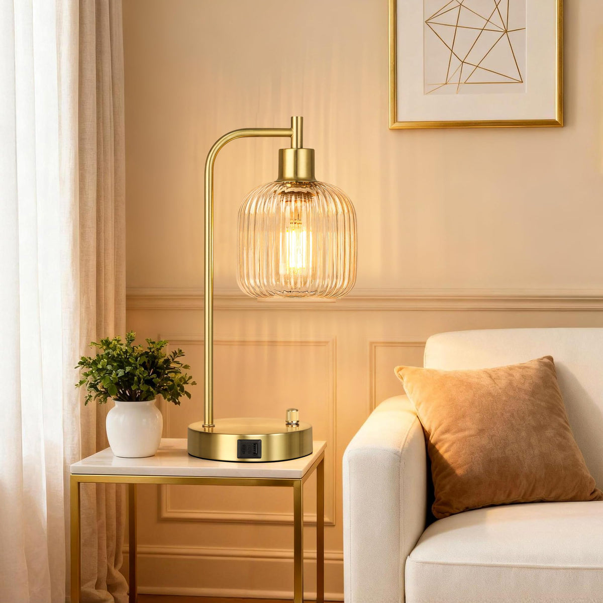 QiMH Industrial Table Lamp Set (2) – Clear Glass, USB Ports, Dimmable, Gold Base