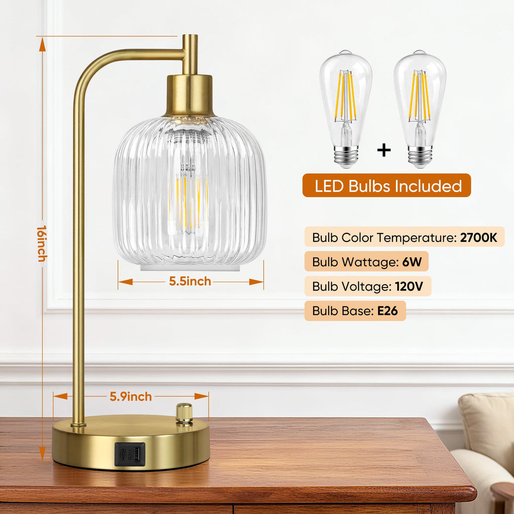 QiMH Industrial Table Lamp Set (2) – Clear Glass, USB Ports, Dimmable, Gold Base