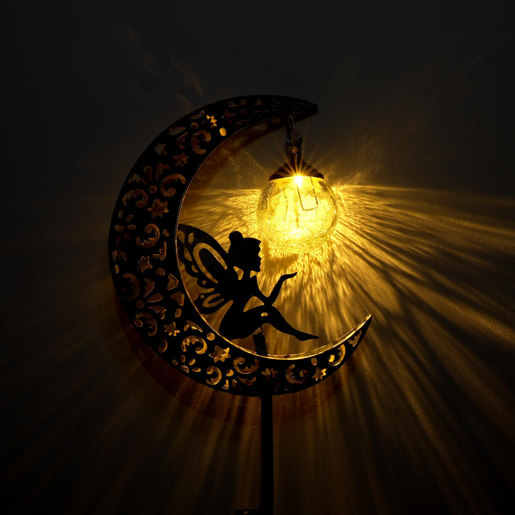 QOCNAM Solar Moon Fairy Lights – Waterproof Crackle-Glass Garden LED Stake