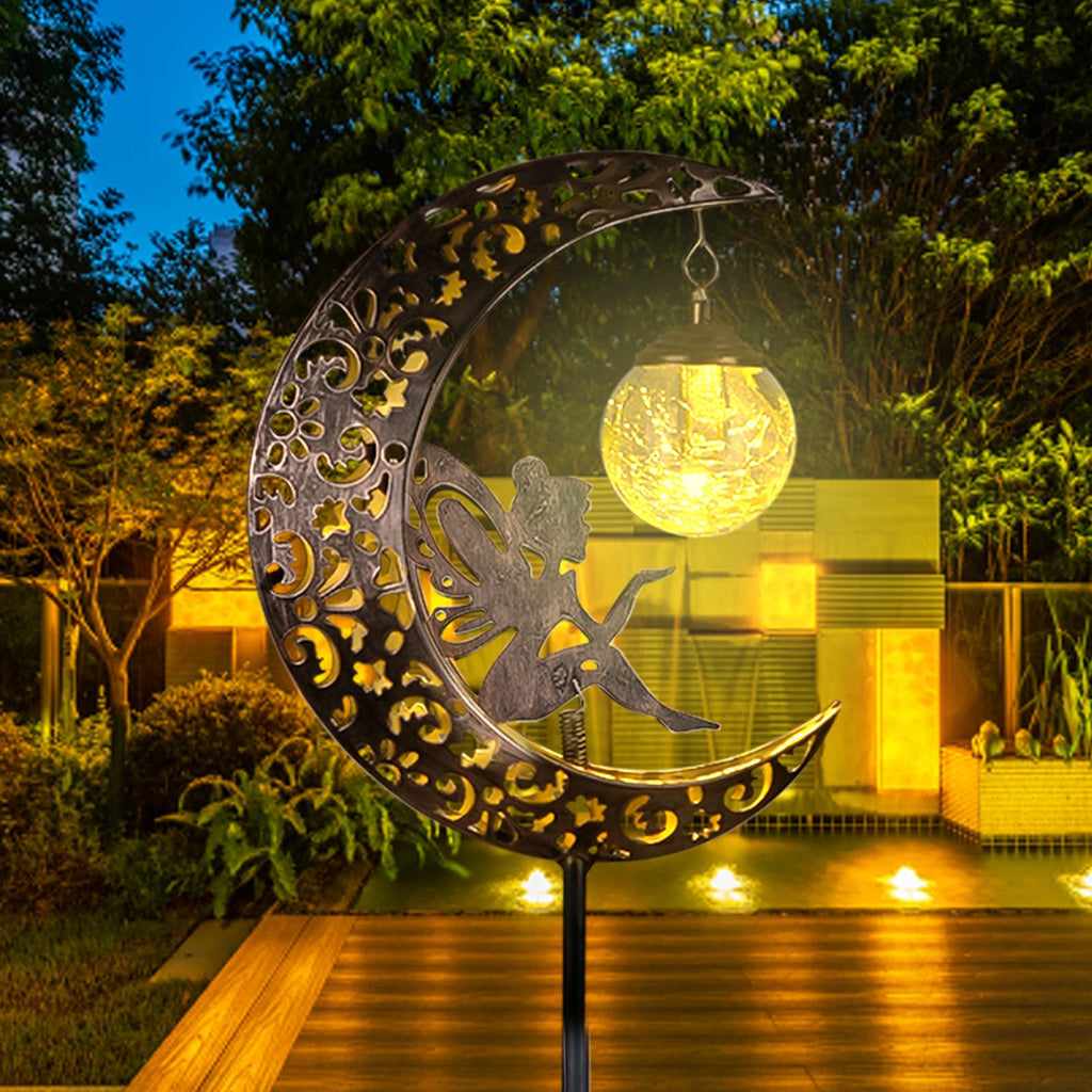 QOCNAM Solar Moon Fairy Lights – Waterproof Crackle-Glass Garden LED Stake