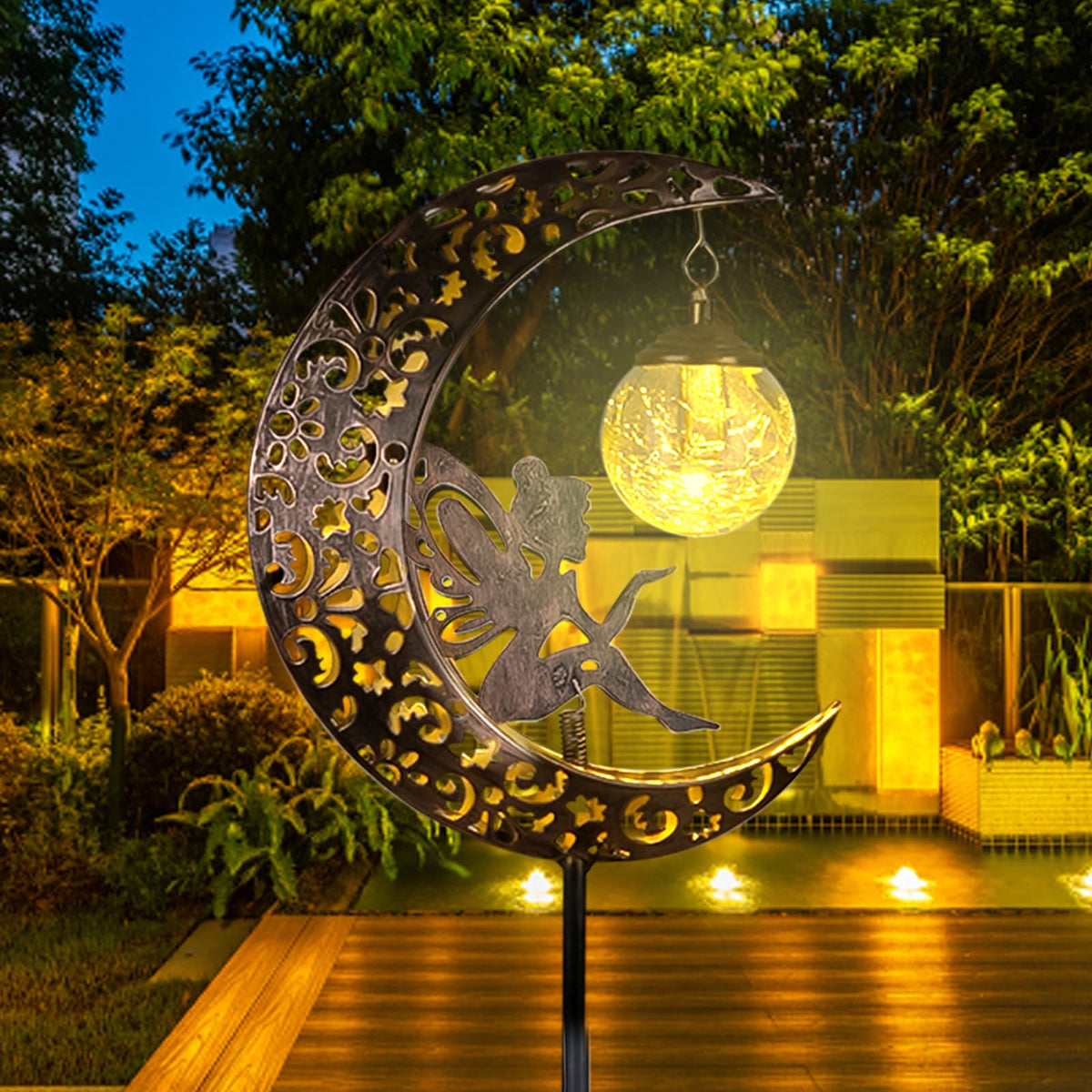 QOCNAM Solar Moon Fairy Lights – Waterproof Crackle-Glass Garden LED Stake