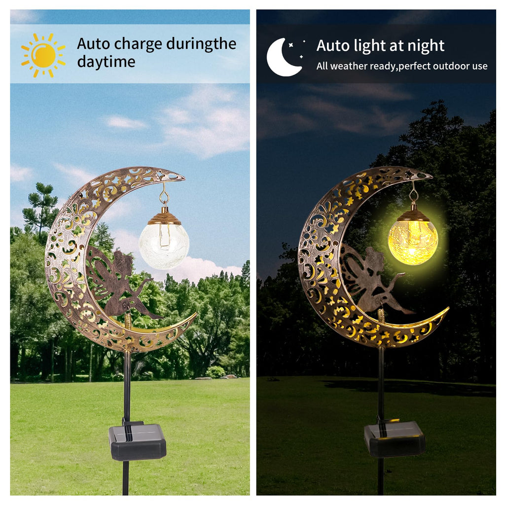 QOCNAM Solar Moon Fairy Lights – Waterproof Crackle-Glass Garden LED Stake