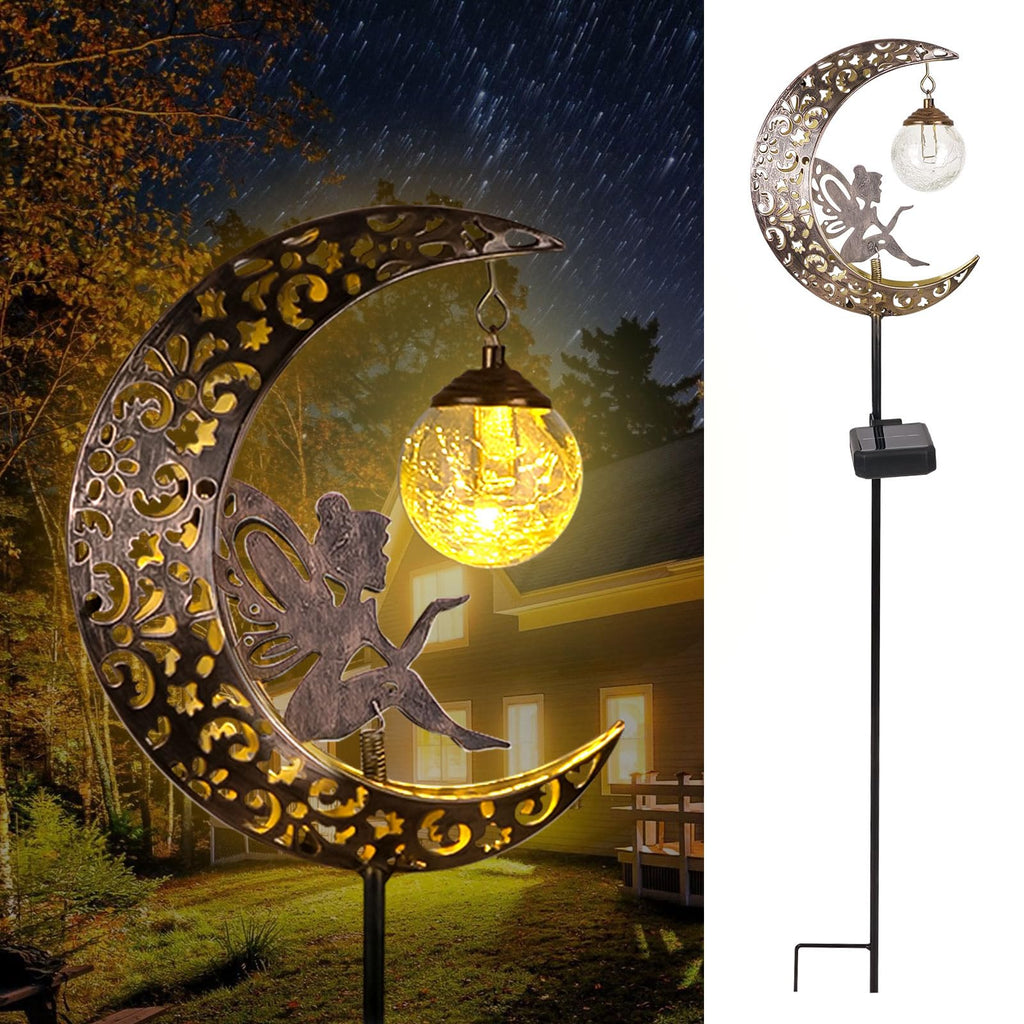 QOCNAM Solar Moon Fairy Lights – Waterproof Crackle-Glass Garden LED Stake
