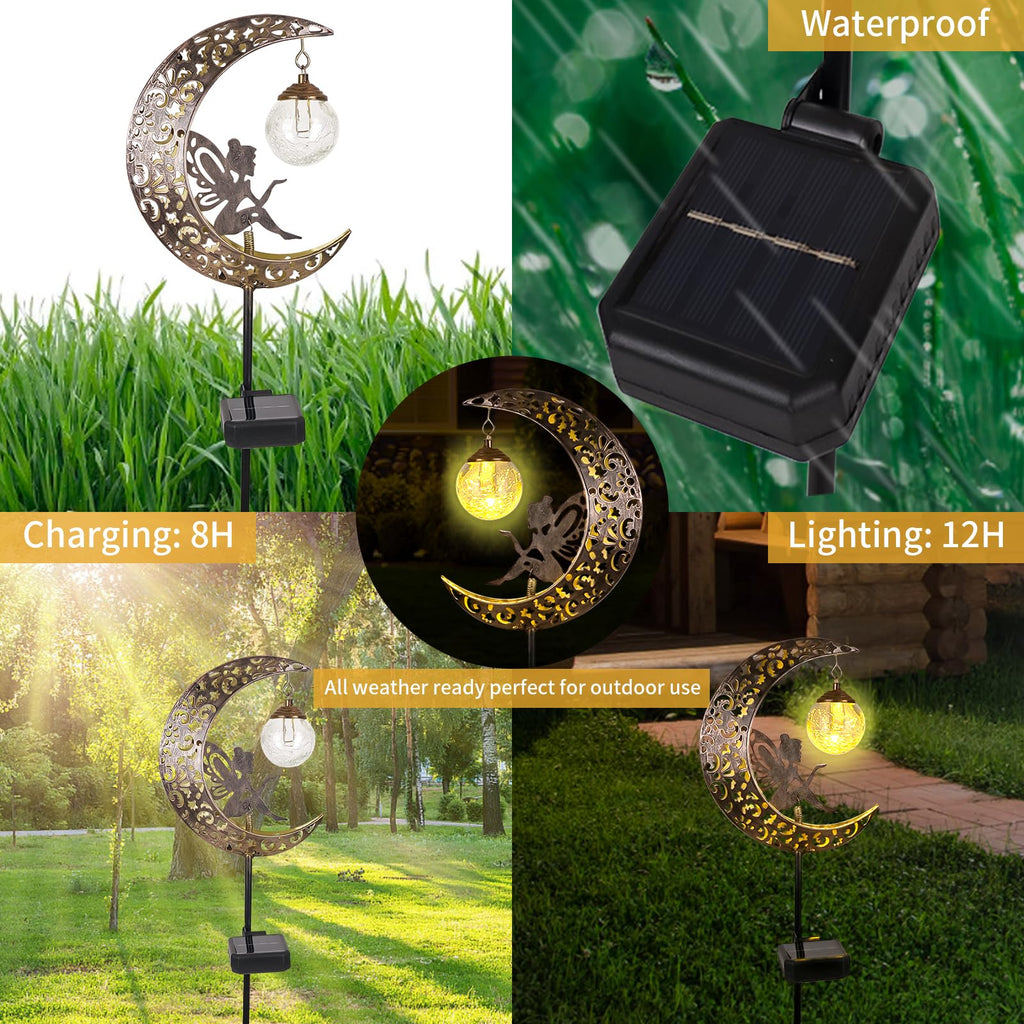 QOCNAM Solar Moon Fairy Lights – Waterproof Crackle-Glass Garden LED Stake