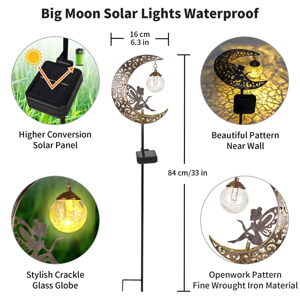 QOCNAM Solar Moon Fairy Lights – Waterproof Crackle-Glass Garden LED Stake
