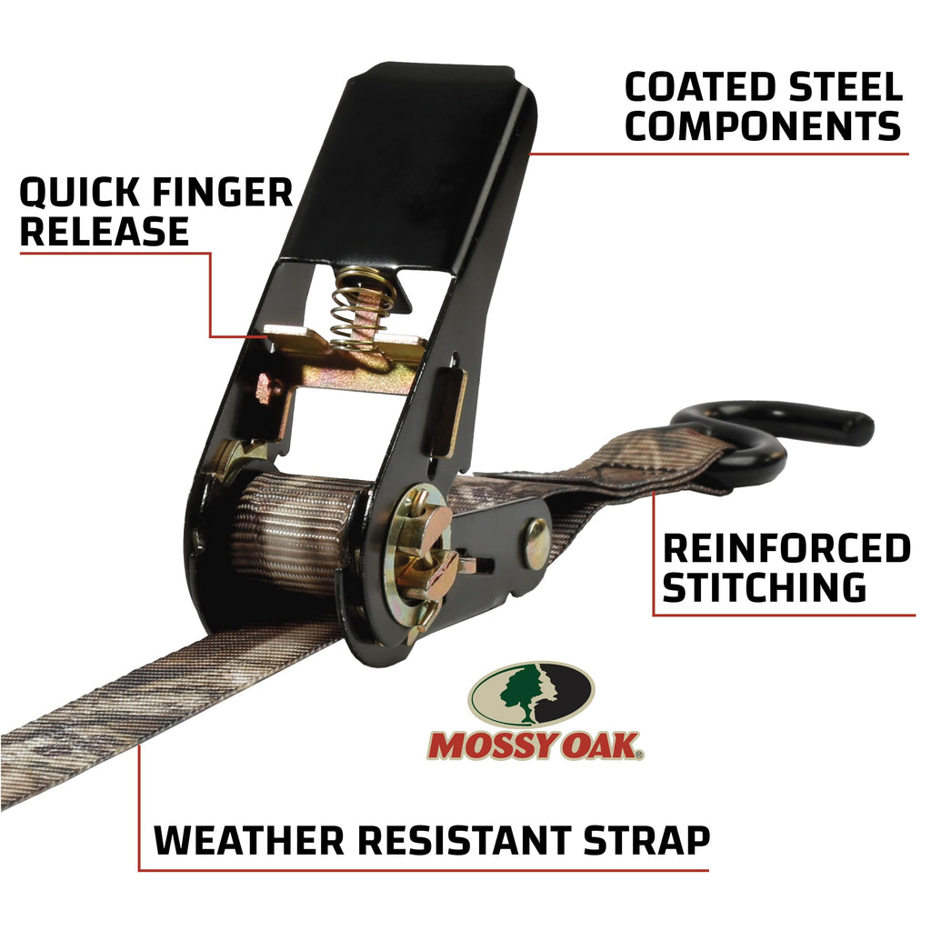 Raider RPS Outdoors Mossy Oak Break-Up Infinity 1x8' Ratchet Tie Down Straps — 4 Pack (300 lb SWL / 900 lb Tension)