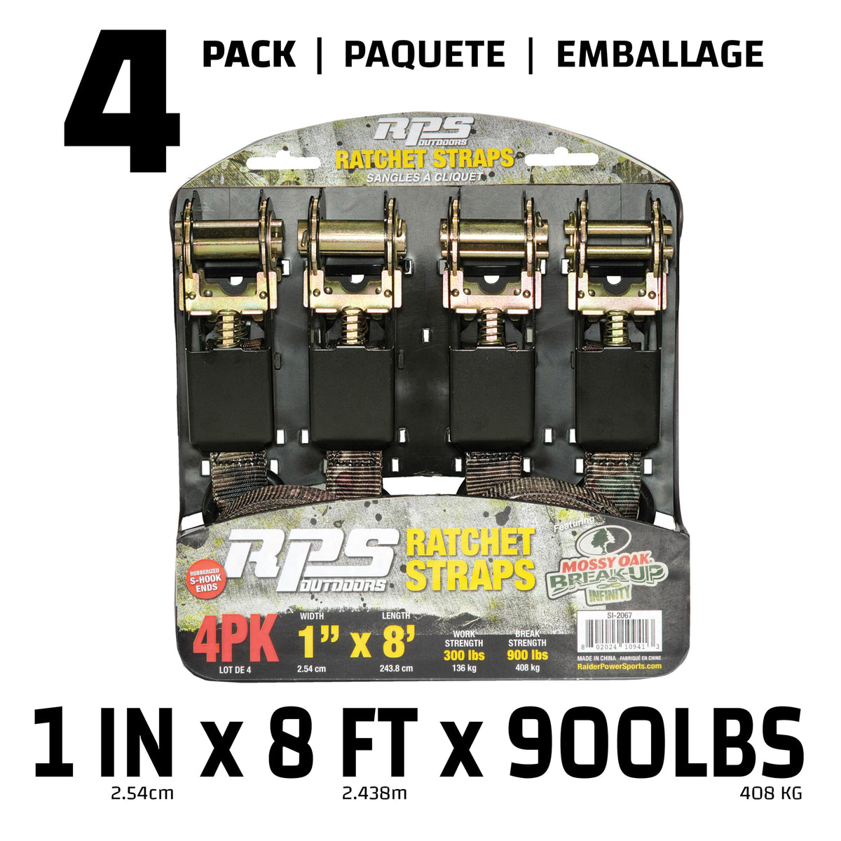 Raider RPS Outdoors Mossy Oak Break-Up Infinity 1x8' Ratchet Tie Down Straps — 4 Pack (300 lb SWL / 900 lb Tension)