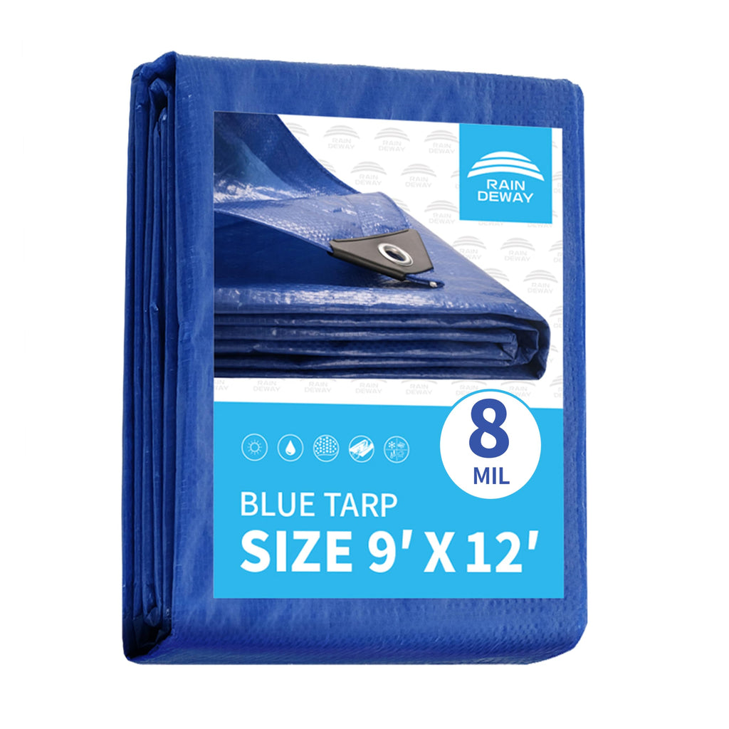 RAINDEWAY Blue Tarp 9x12, 8 Mil, UV-Resistant Waterproof Poly Tarp with Grommets