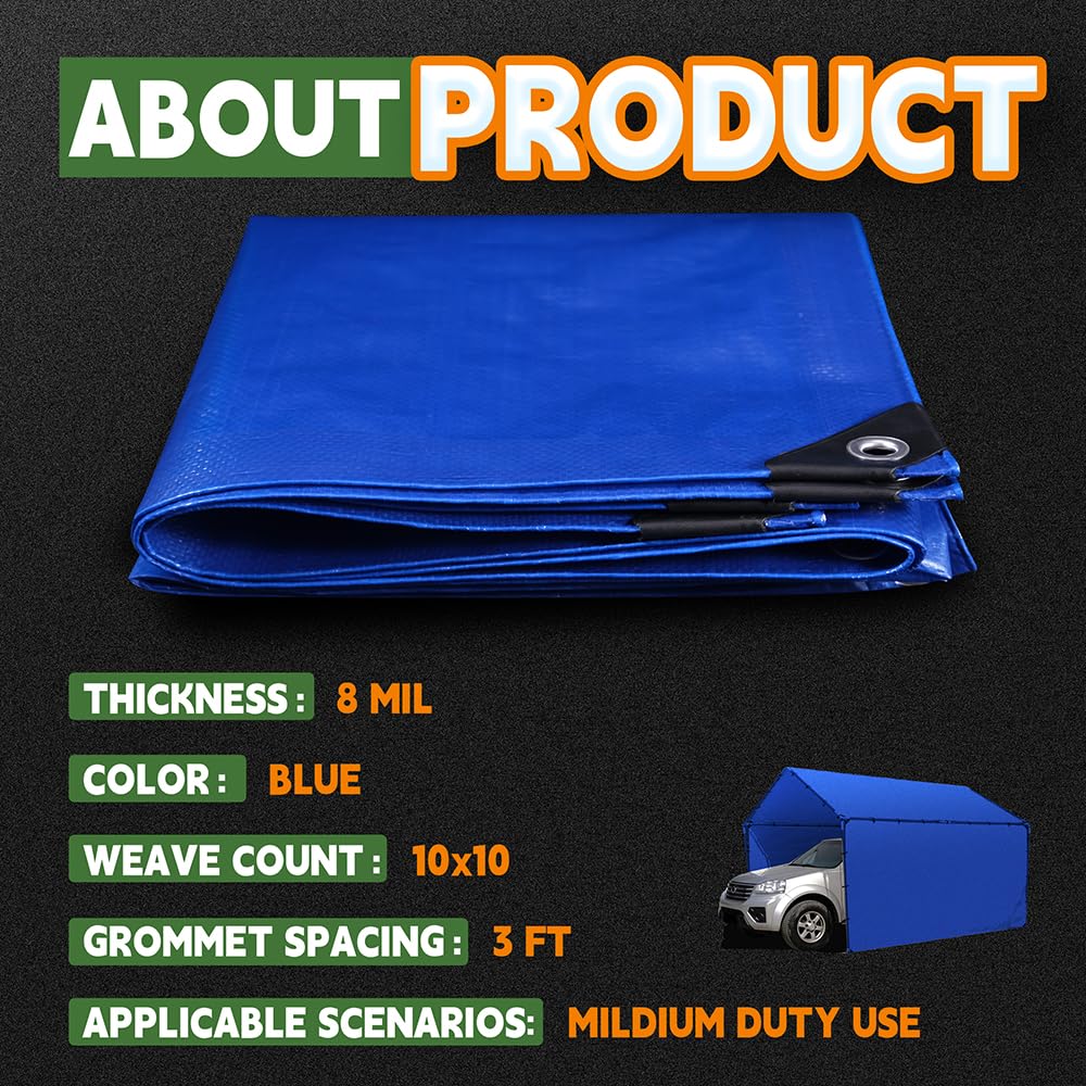RAINDEWAY Blue Tarp 9x12, 8 Mil, UV-Resistant Waterproof Poly Tarp with Grommets