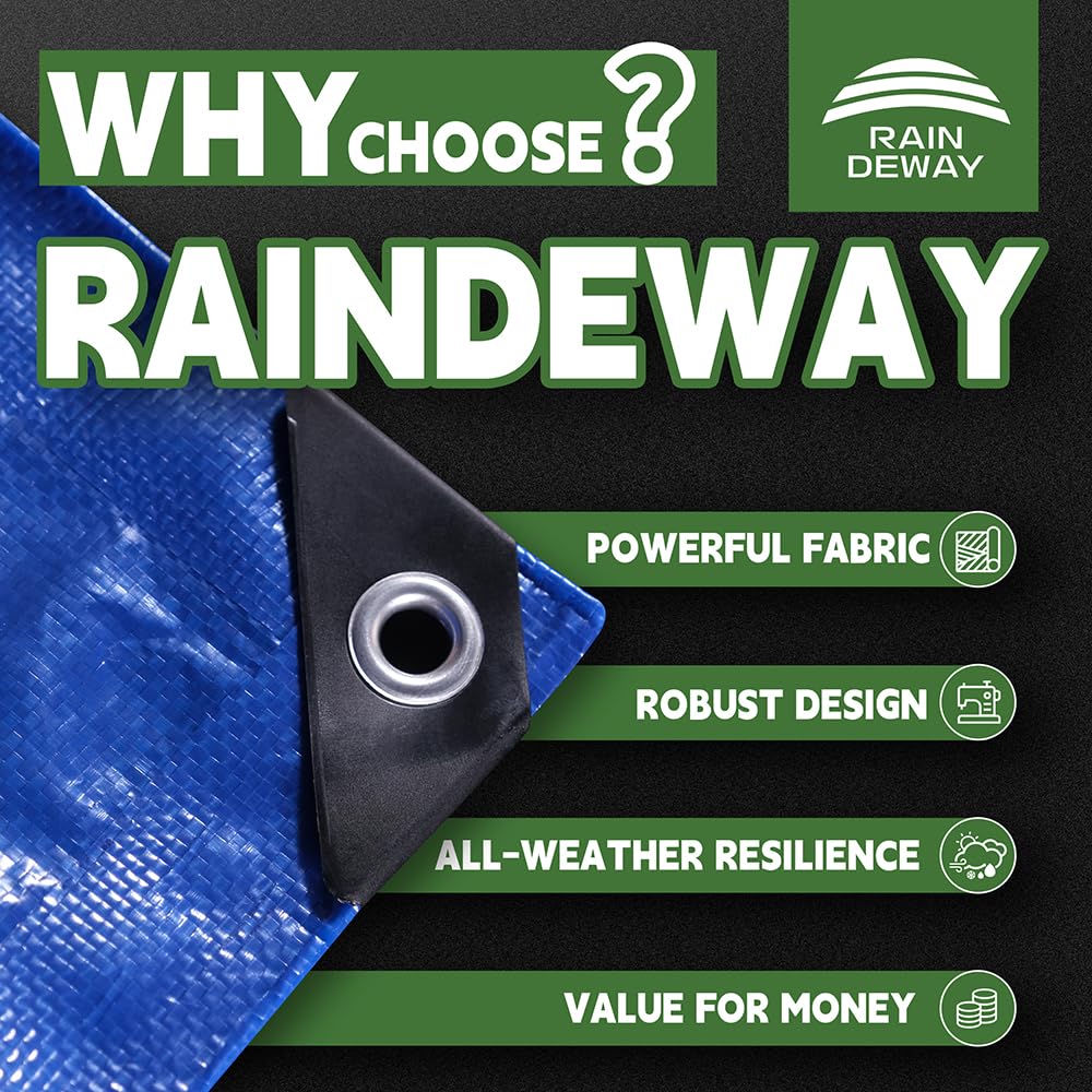 RAINDEWAY Blue Tarp 9x12, 8 Mil, UV-Resistant Waterproof Poly Tarp with Grommets