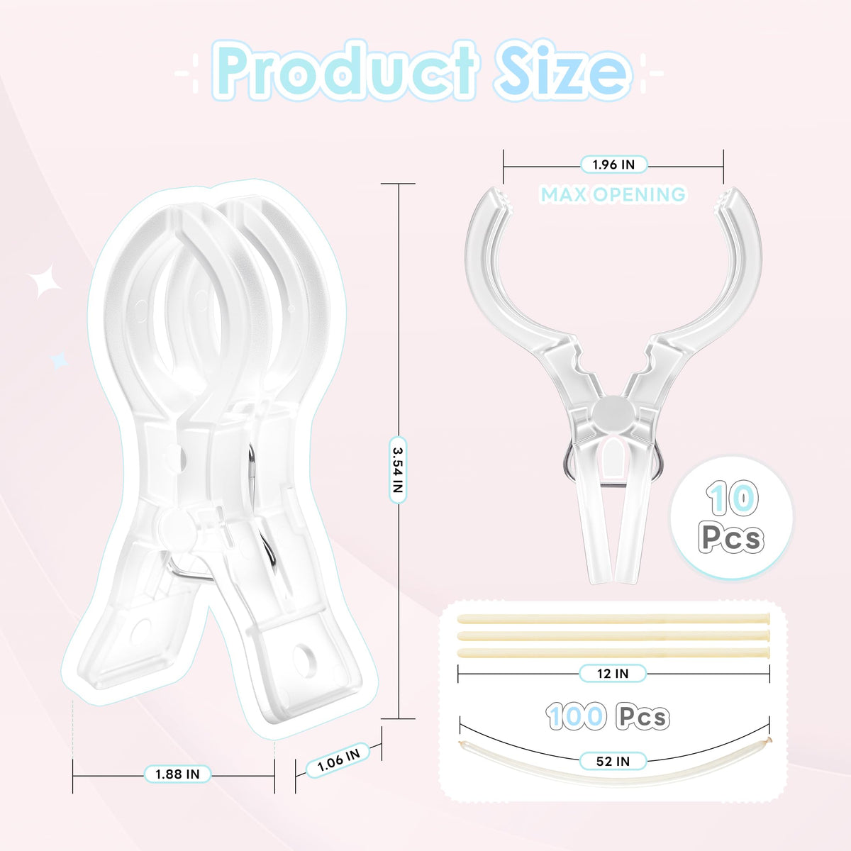 RELBRO Spring Clamps – 10 Clear Clips 3.5 Inch + 100 Long Balloons for Balloon Arches & Backdrops