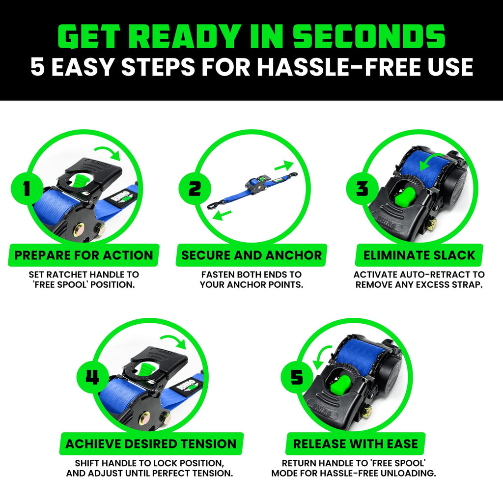 Rhino USA Retractable Ratchet Straps (4-Pack) - 1-Inch x 10-Feet, 1209lb Break Strength - Self-Retracting Tie Downs