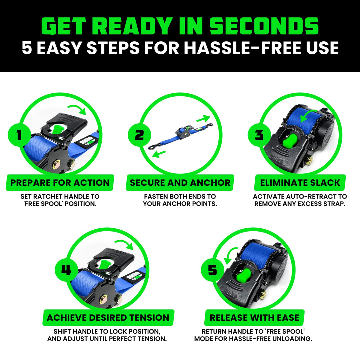 Rhino USA Retractable Ratchet Straps (4-Pack) - 1-Inch x 10-Feet, 1209lb Break Strength - Self-Retracting Tie Downs