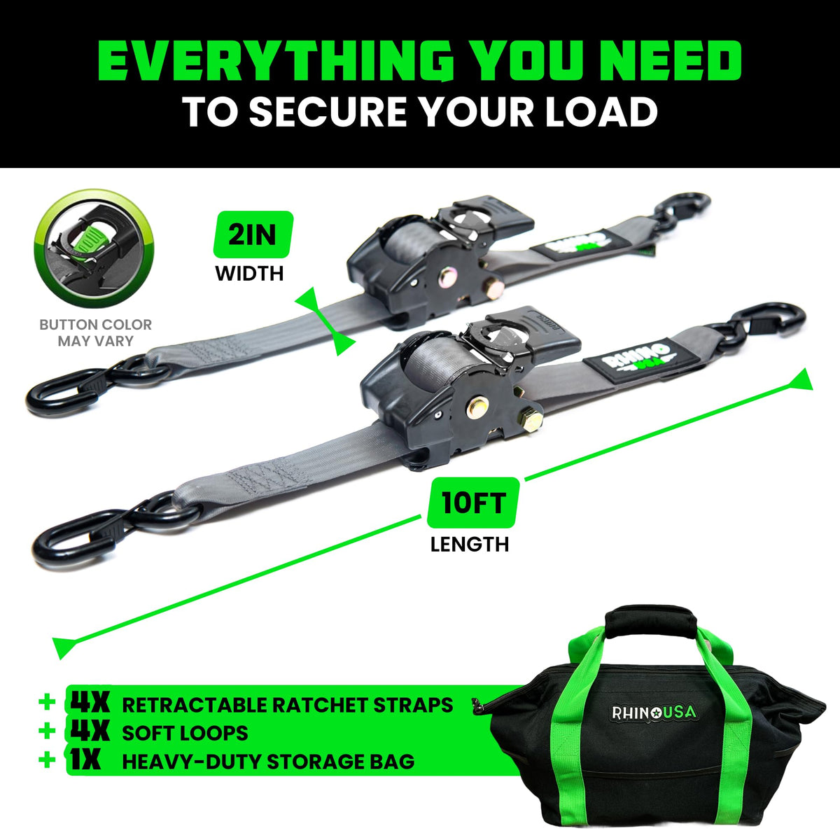 Rhino USA Retractable Ratchet Straps (4-Pack) - 2in x 10ft, 3033lb Break Strength, Gray