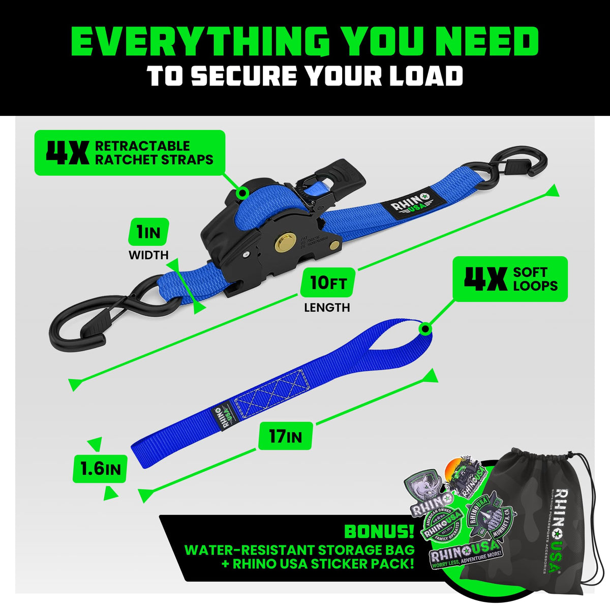 Rhino USA Retractable Ratchet Straps (4-Pack) - 1-Inch x 10-Feet, 1209lb Break Strength - Self-Retracting Tie Downs