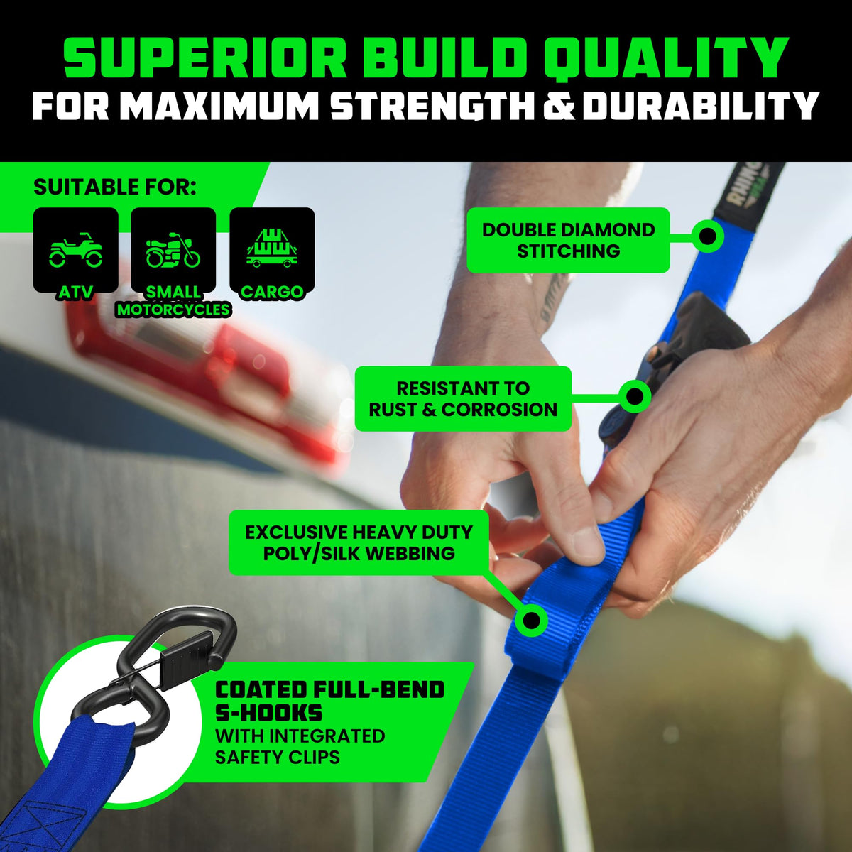 Rhino USA Retractable Ratchet Straps (4-Pack) - 1-Inch x 10-Feet, 1209lb Break Strength - Self-Retracting Tie Downs