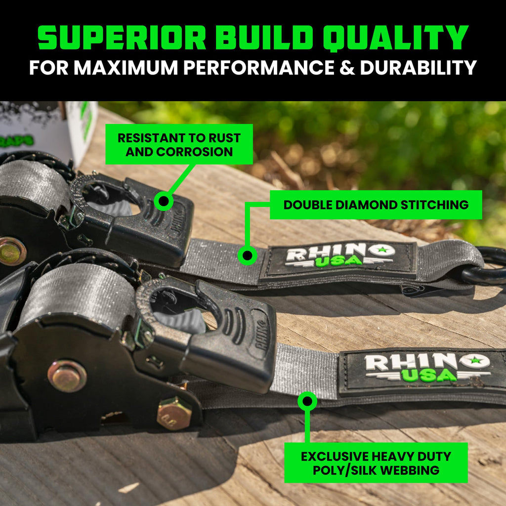 Rhino USA Retractable Ratchet Straps (4-Pack) - 2in x 10ft, 3033lb Break Strength, Gray