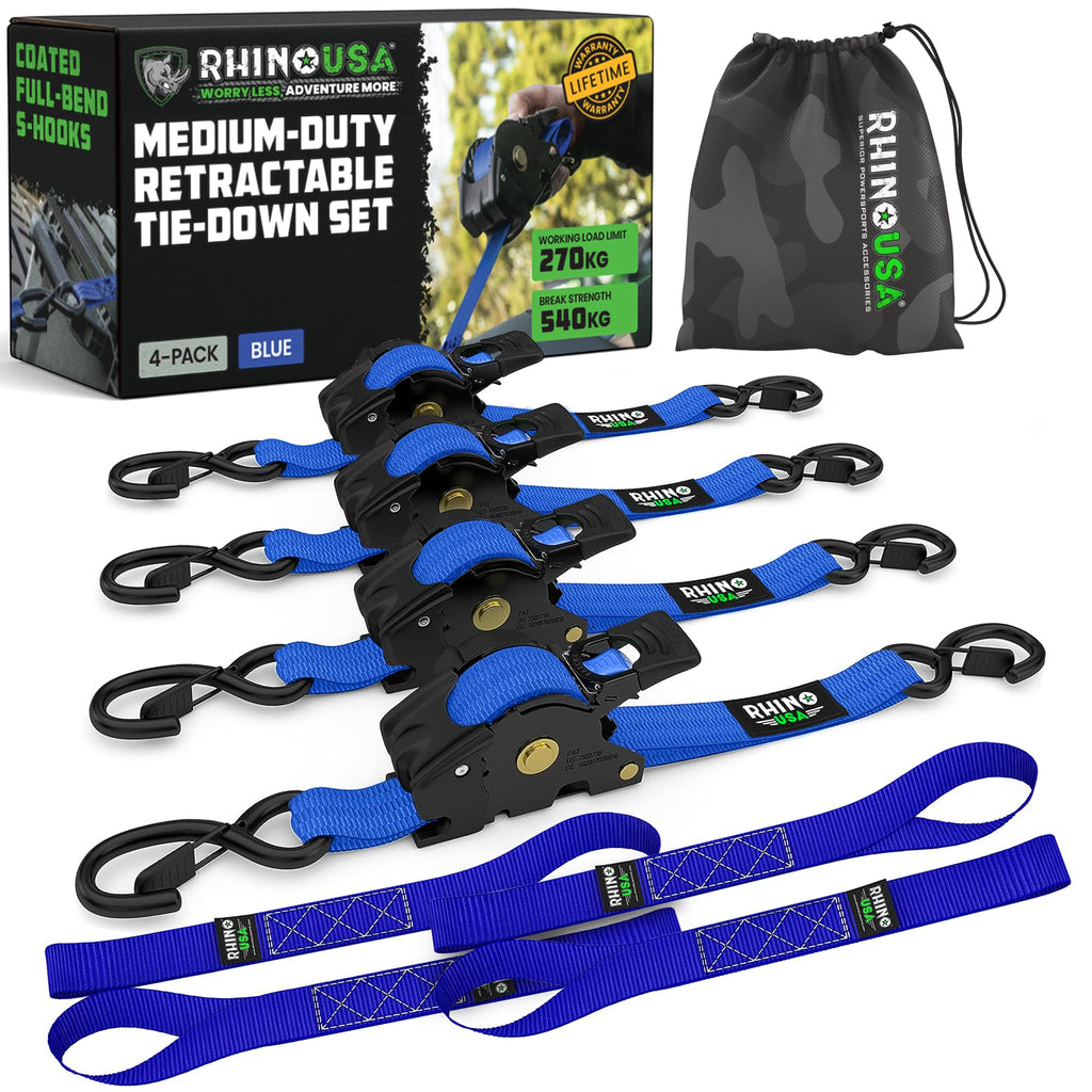 Rhino USA Retractable Ratchet Straps (4-Pack) - 1-Inch x 10-Feet, 1209lb Break Strength - Self-Retracting Tie Downs