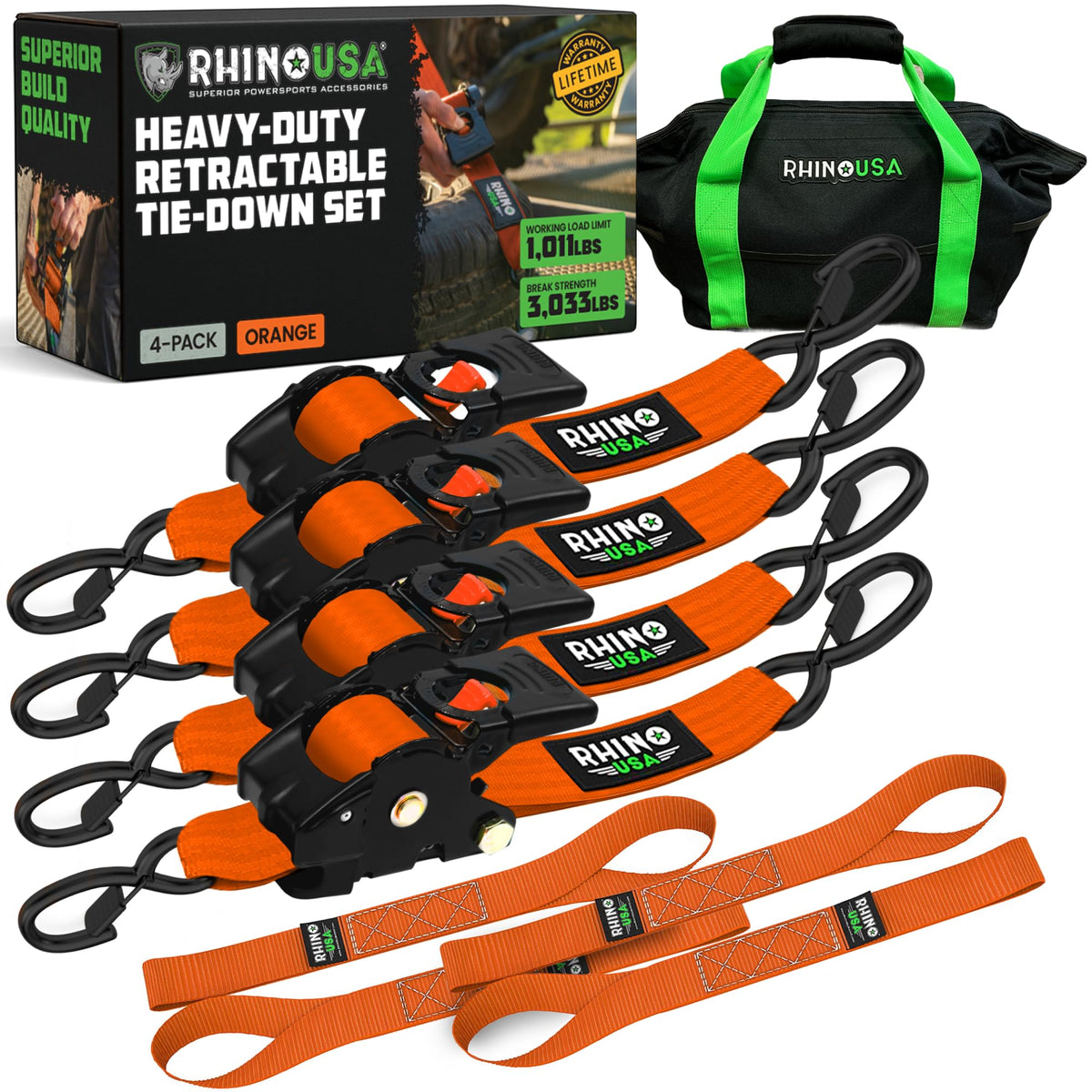 Rhino USA Retractable Ratchet Straps (4-Pack) - 2in x 10ft, 3,033 lb Break Strength - Heavy Duty Orange
