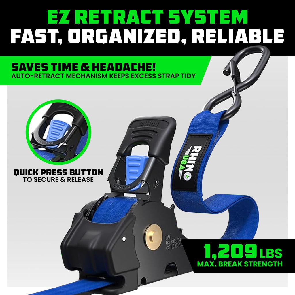 Rhino USA Retractable Ratchet Straps (4-Pack) - 1-Inch x 10-Feet, 1209lb Break Strength - Self-Retracting Tie Downs