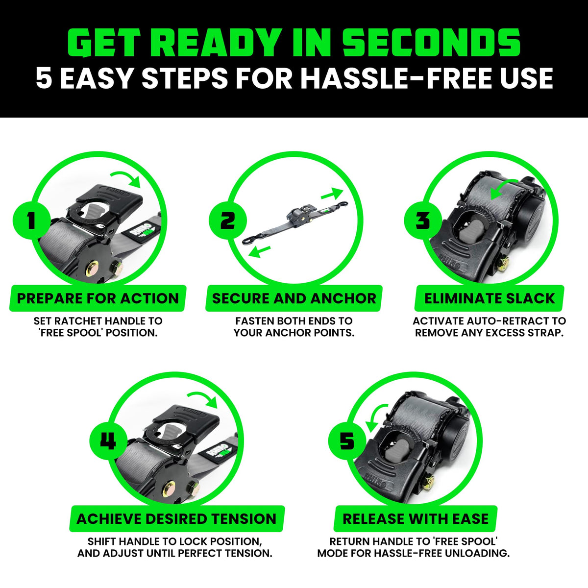 Rhino USA Retractable Ratchet Straps (4-Pack) - 2in x 10ft, 3033lb Break Strength, Gray