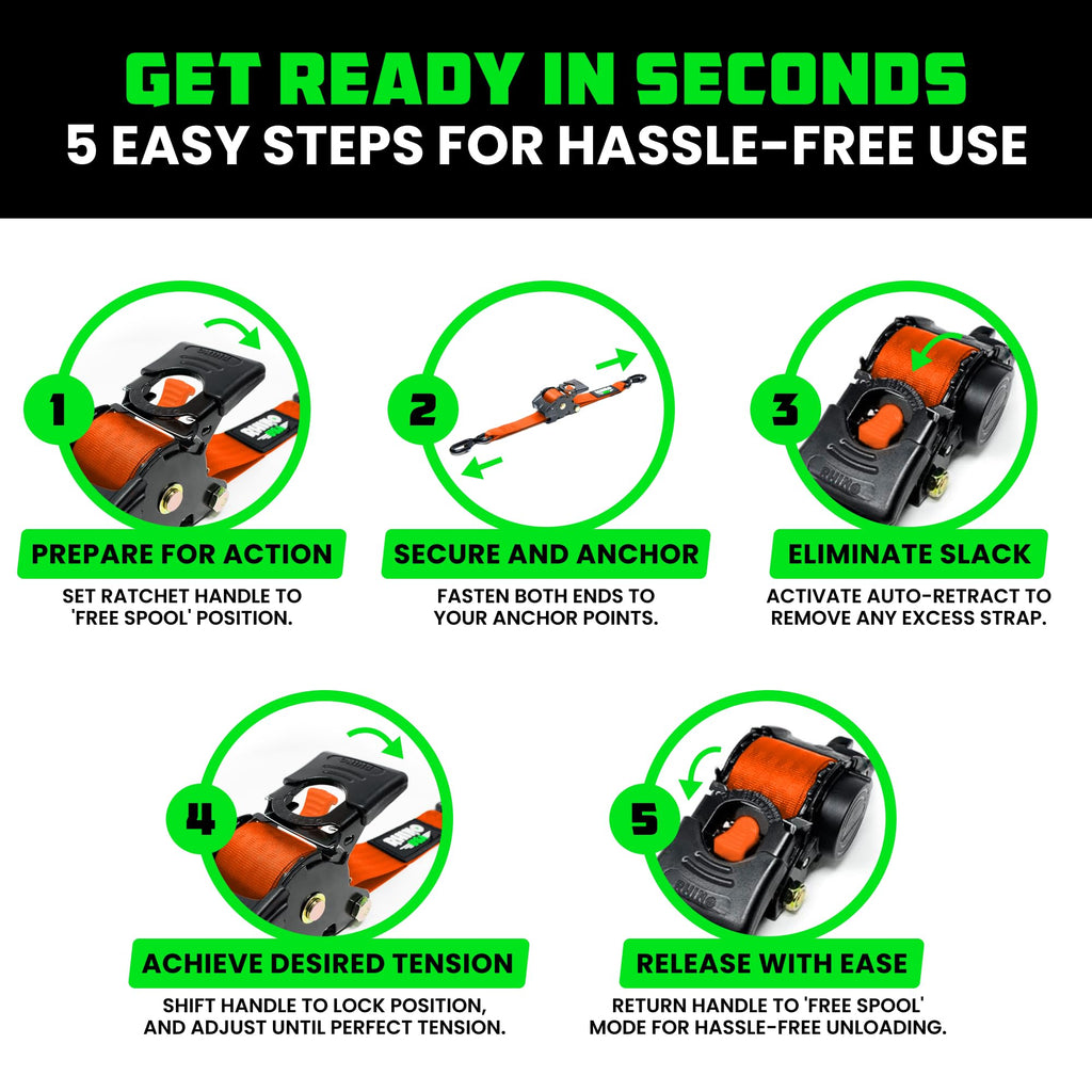 Rhino USA Retractable Ratchet Straps (4-Pack) - 2in x 10ft, 3,033 lb Break Strength - Heavy Duty Orange