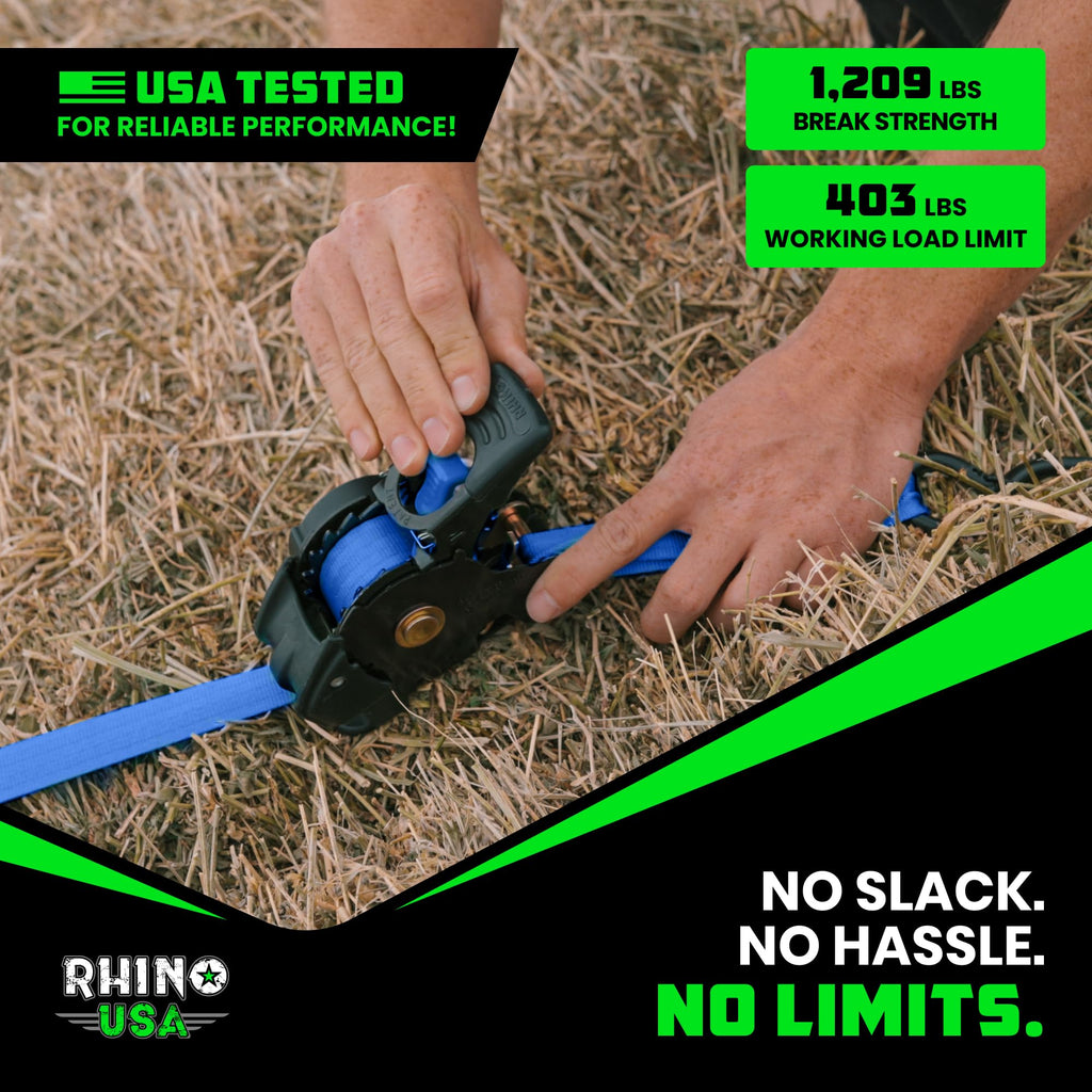 Rhino USA Retractable Ratchet Straps (4-Pack) - 1-Inch x 10-Feet, 1209lb Break Strength - Self-Retracting Tie Downs