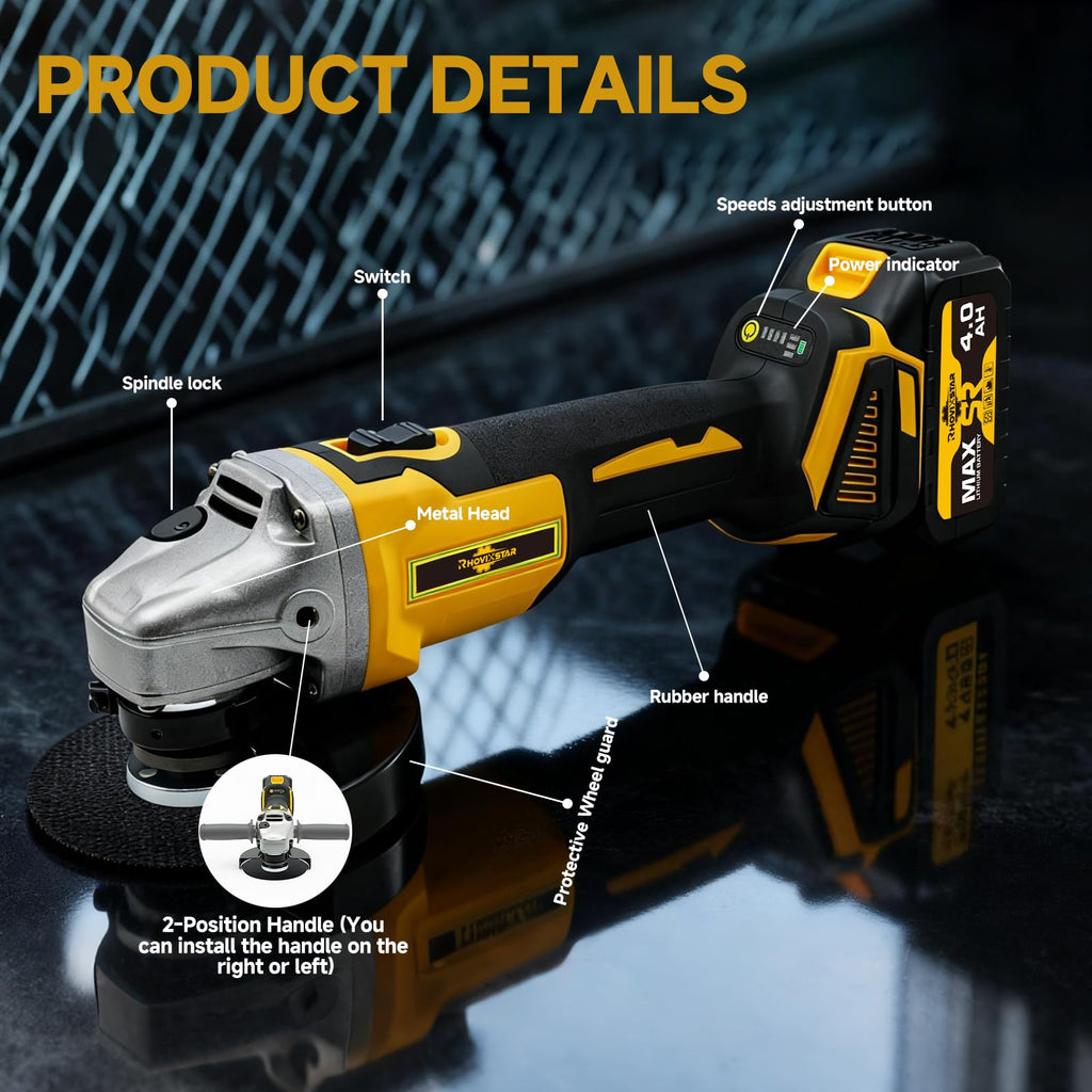 RhovixStar Cordless Angle Grinder 3/8 in | Brushless, 4-Speed, Makita 18V Compatible