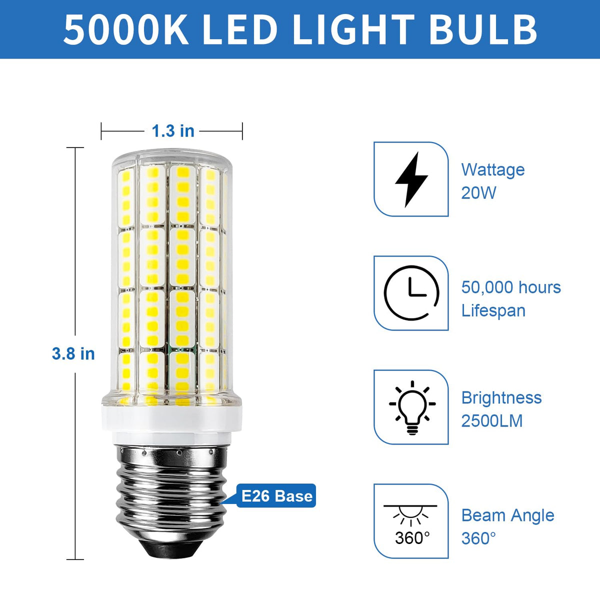 RIUVAO LED Corn Light Bulb 200W Equivalent, 2500 Lumen, 5000K Cool Daylight – Pack of 4