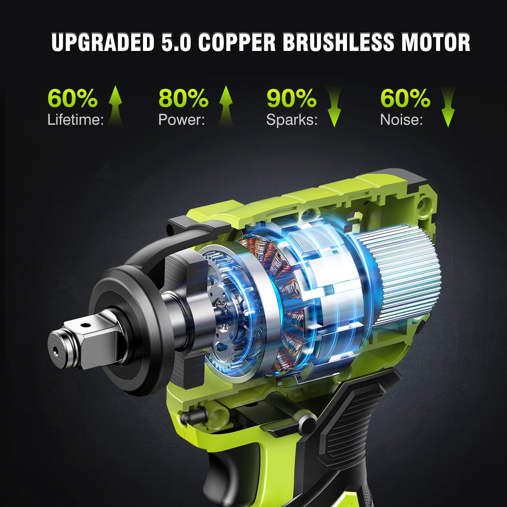 Robustrue Cordless Impact Wrench - 800N.m / 590 ft-lbs, Brushless 1/2-in Drive, 2x4Ah, Fast Charge