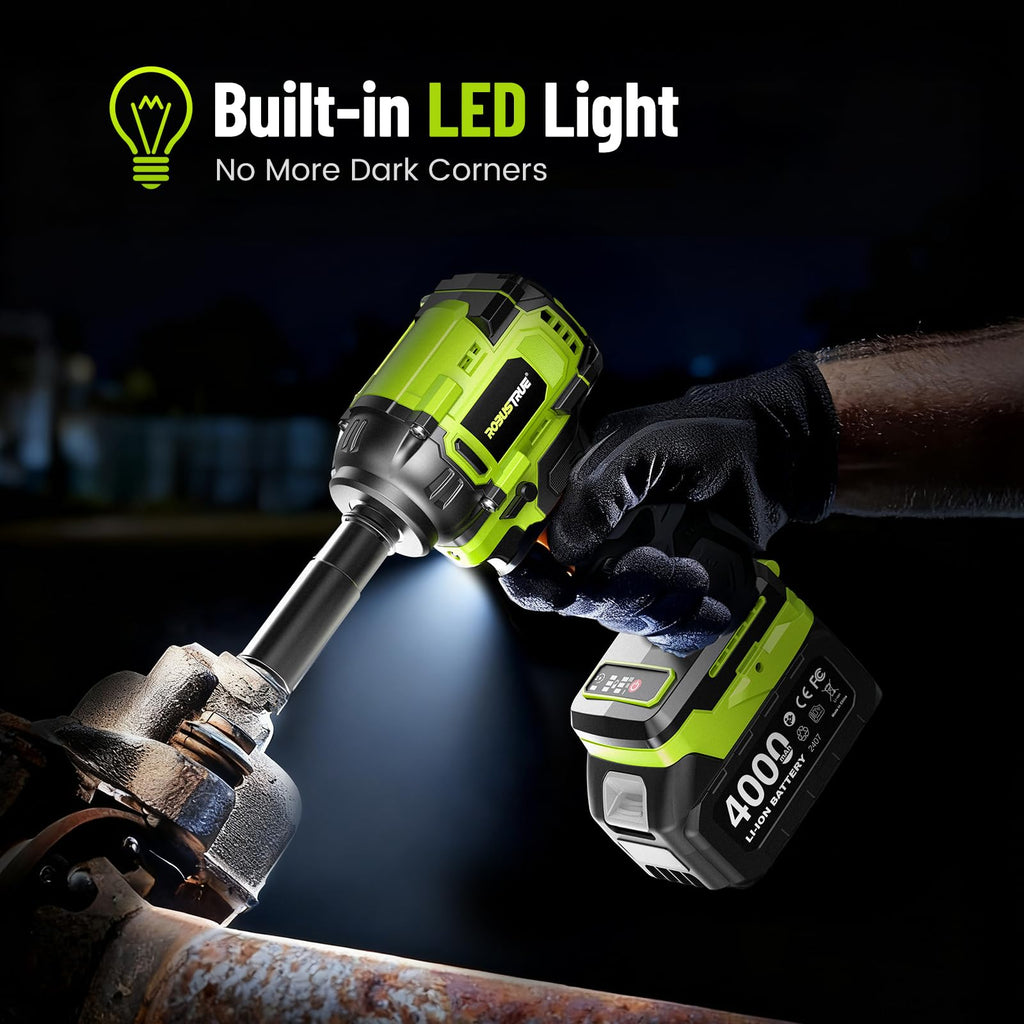 Robustrue Cordless Impact Wrench - 800N.m / 590 ft-lbs, Brushless 1/2-in Drive, 2x4Ah, Fast Charge