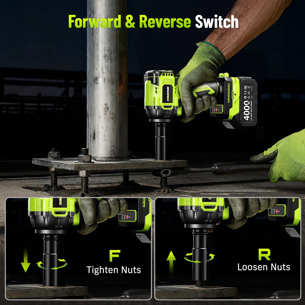 Robustrue Cordless Impact Wrench - 800N.m / 590 ft-lbs, Brushless 1/2-in Drive, 2x4Ah, Fast Charge