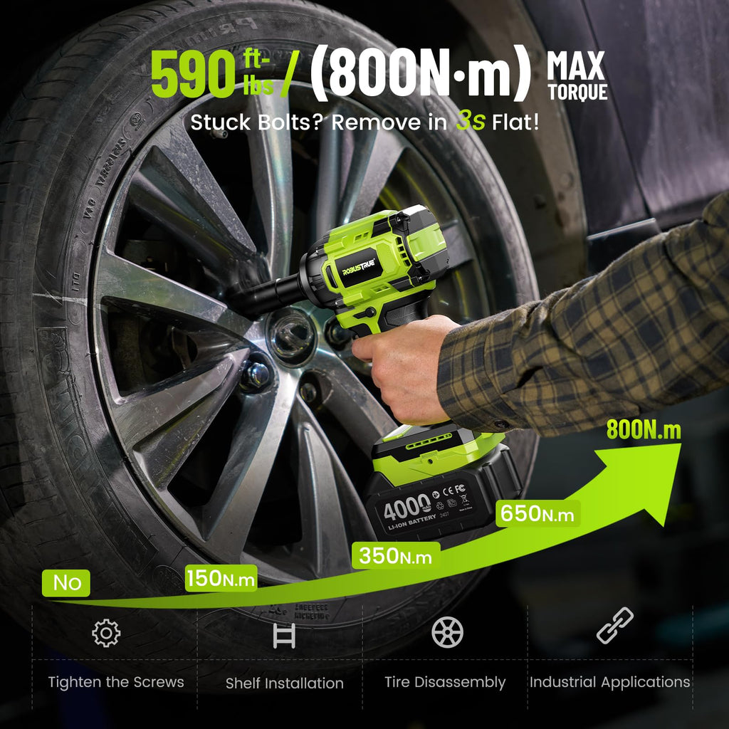Robustrue Cordless Impact Wrench - 800N.m / 590 ft-lbs, Brushless 1/2-in Drive, 2x4Ah, Fast Charge