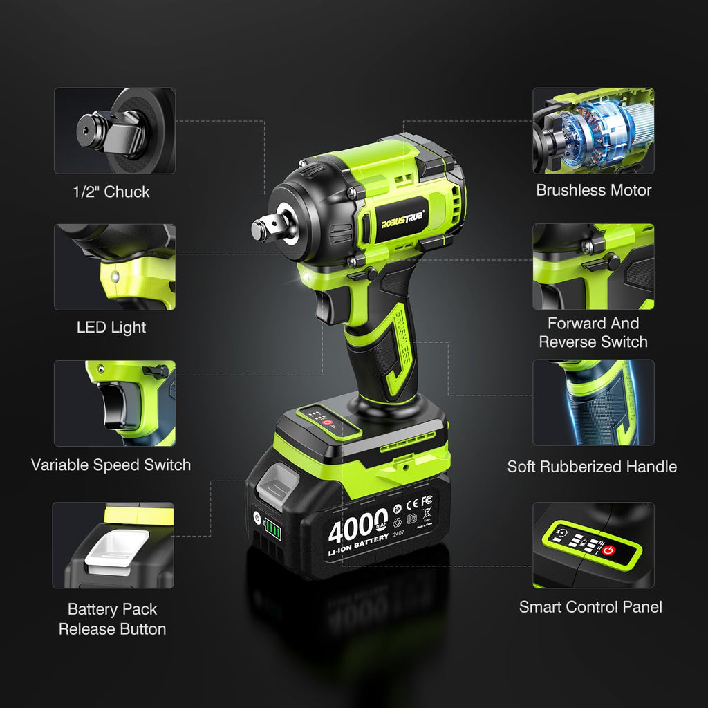 Robustrue Cordless Impact Wrench - 800N.m / 590 ft-lbs, Brushless 1/2-in Drive, 2x4Ah, Fast Charge