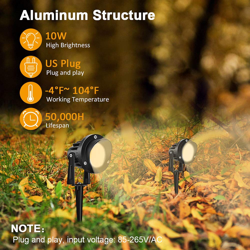 Romwish LED Landscape Spotlight 10W (2 Pack) – 120V Plug-in, 1100lm, IP65 Waterproof, 3000K Warm White