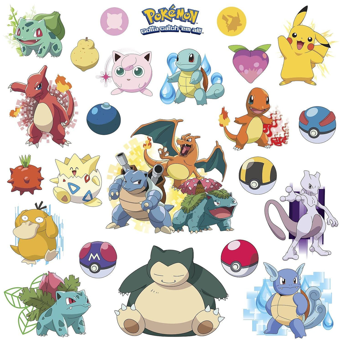 RoomMates Pokemon Iconic Peel and Stick Wall Decals – 24-Pack, Removable & Repositionable