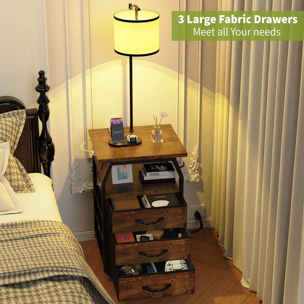Runjuly Floor Lamp with Table Set (2) – 3-Color Bulbs, 2 USB/AC Charging, 3 Drawers, Rustic Brown