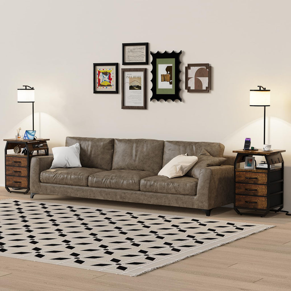 Runjuly Floor Lamp with Table Set (2) – 3-Color Bulbs, 2 USB/AC Charging, 3 Drawers, Rustic Brown