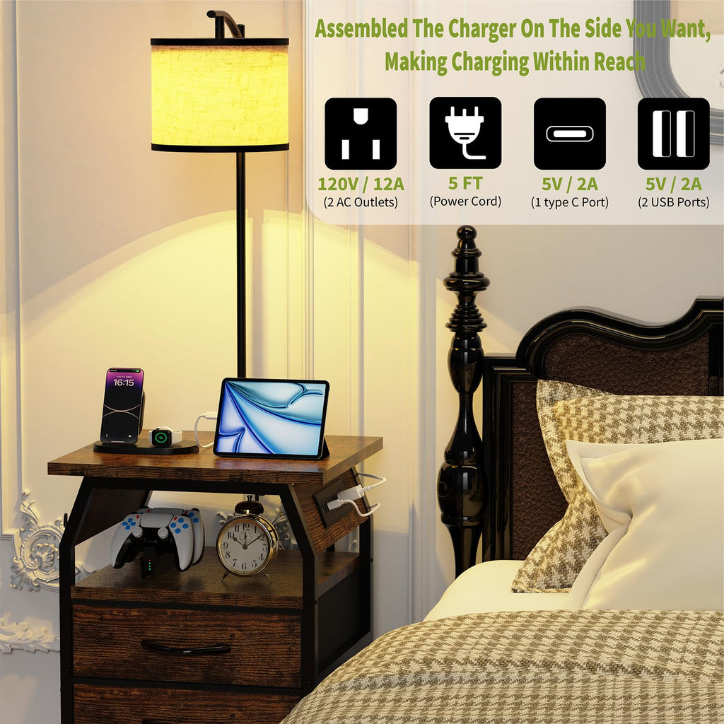 Runjuly Floor Lamp with Table Set (2) – 3-Color Bulbs, 2 USB/AC Charging, 3 Drawers, Rustic Brown