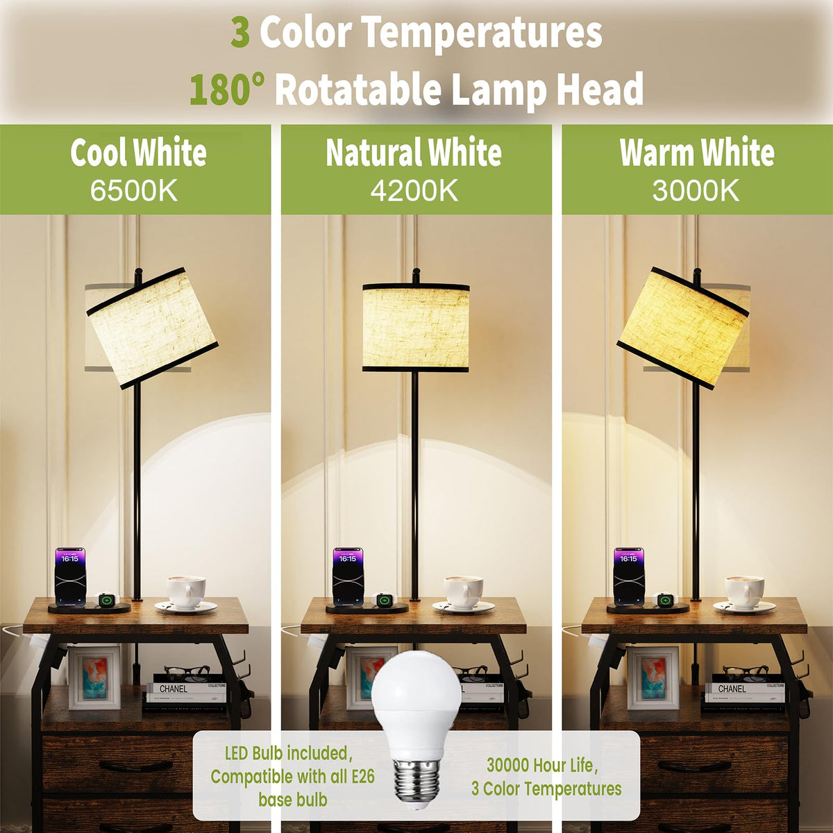 Runjuly Floor Lamp with Table Set (2) – 3-Color Bulbs, 2 USB/AC Charging, 3 Drawers, Rustic Brown