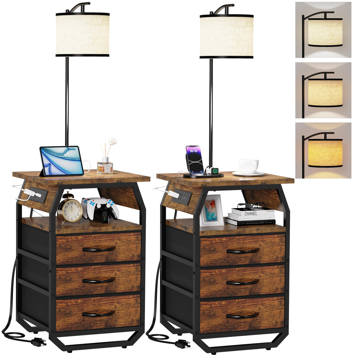 Runjuly Floor Lamp with Table Set (2) – 3-Color Bulbs, 2 USB/AC Charging, 3 Drawers, Rustic Brown
