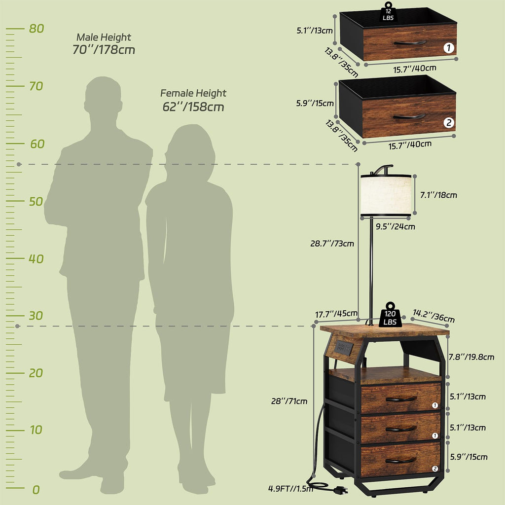 Runjuly Floor Lamp with Table Set (2) – 3-Color Bulbs, 2 USB/AC Charging, 3 Drawers, Rustic Brown