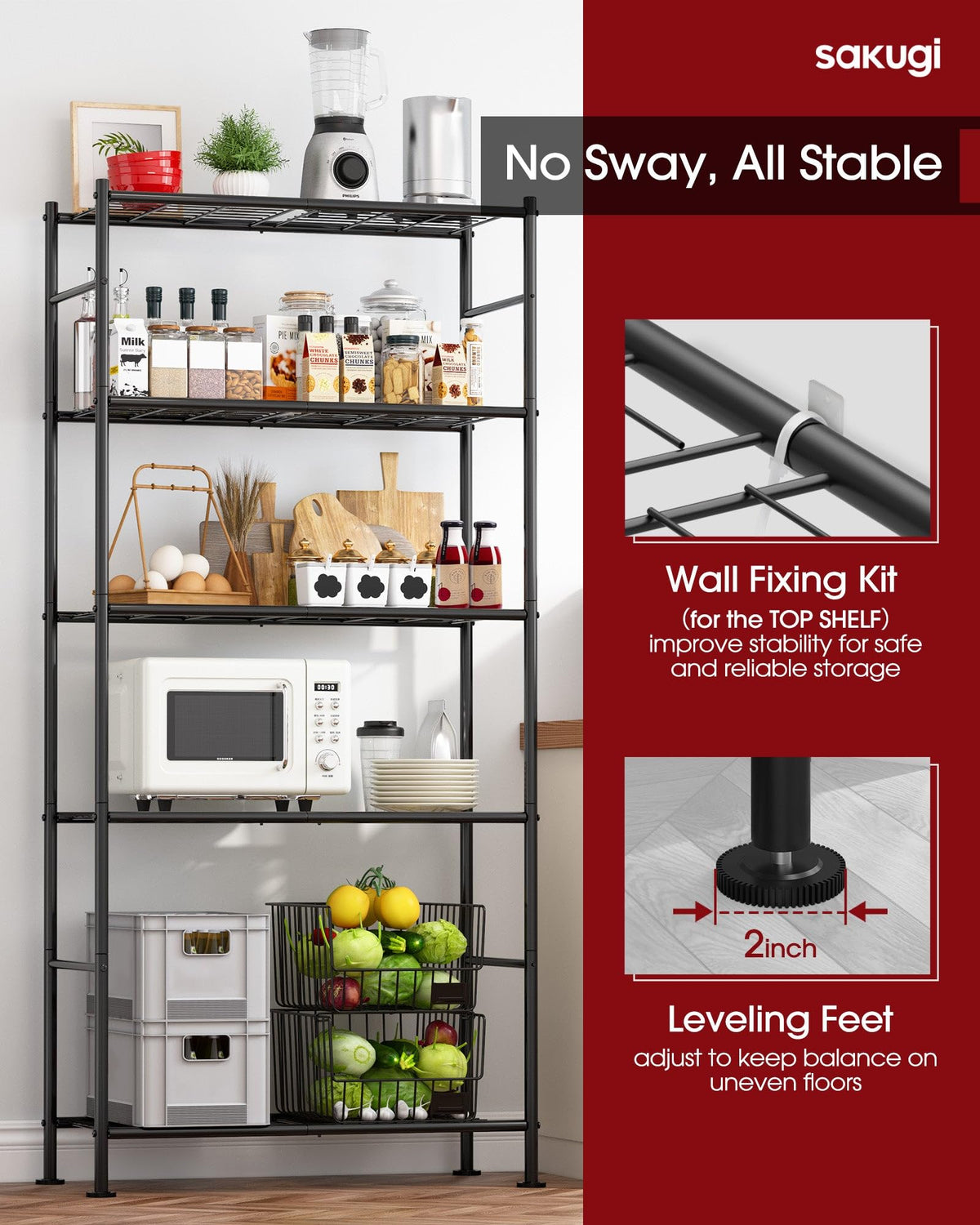 Sakugi Storage Shelves - 5-Tier Heavy-Duty Shelving Unit, 33.0 W x 12.6 D x 72.0 H, Black