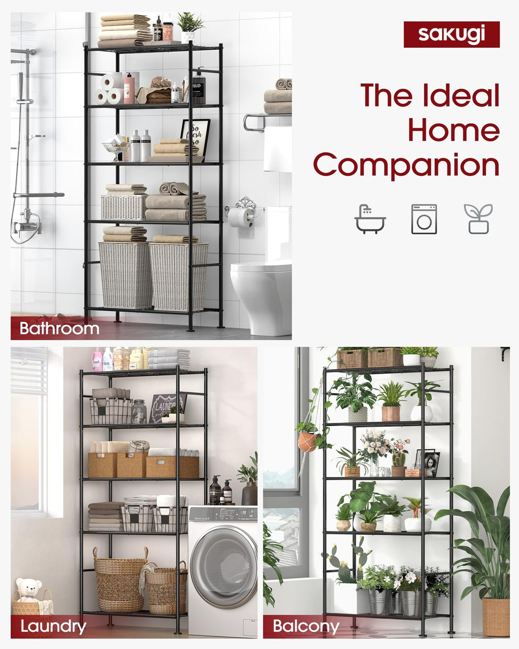 Sakugi Storage Shelves - 5-Tier Heavy-Duty Shelving Unit, 33.0 W x 12.6 D x 72.0 H, Black