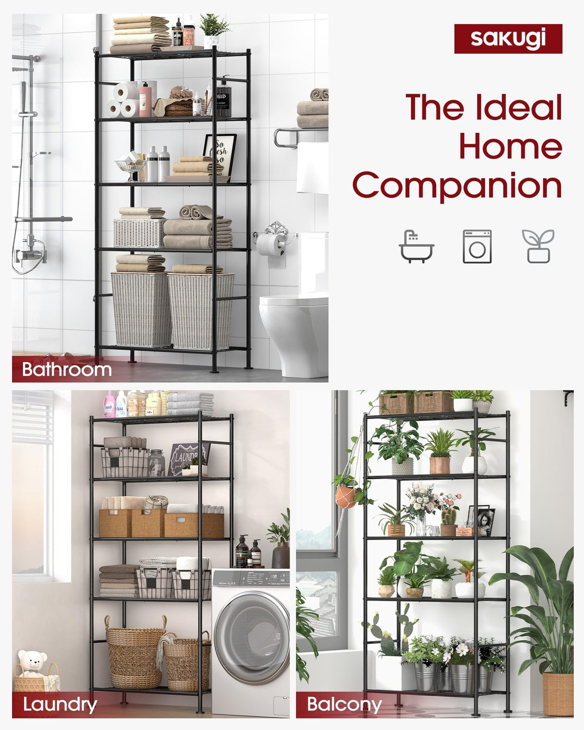 Sakugi Storage Shelves - 5-Tier Heavy-Duty Shelving Unit, 33.0 W x 12.6 D x 72.0 H, Black
