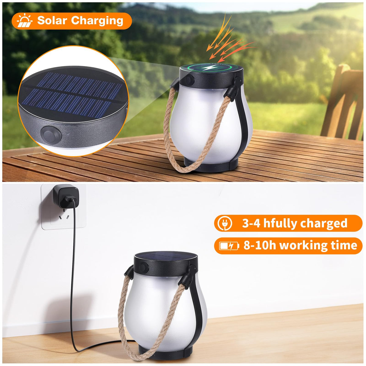SANMOON 2 Pack Solar Flame Lantern Lights | Outdoor Flickering Flame Hanging Lanterns with USB & Solar Charging