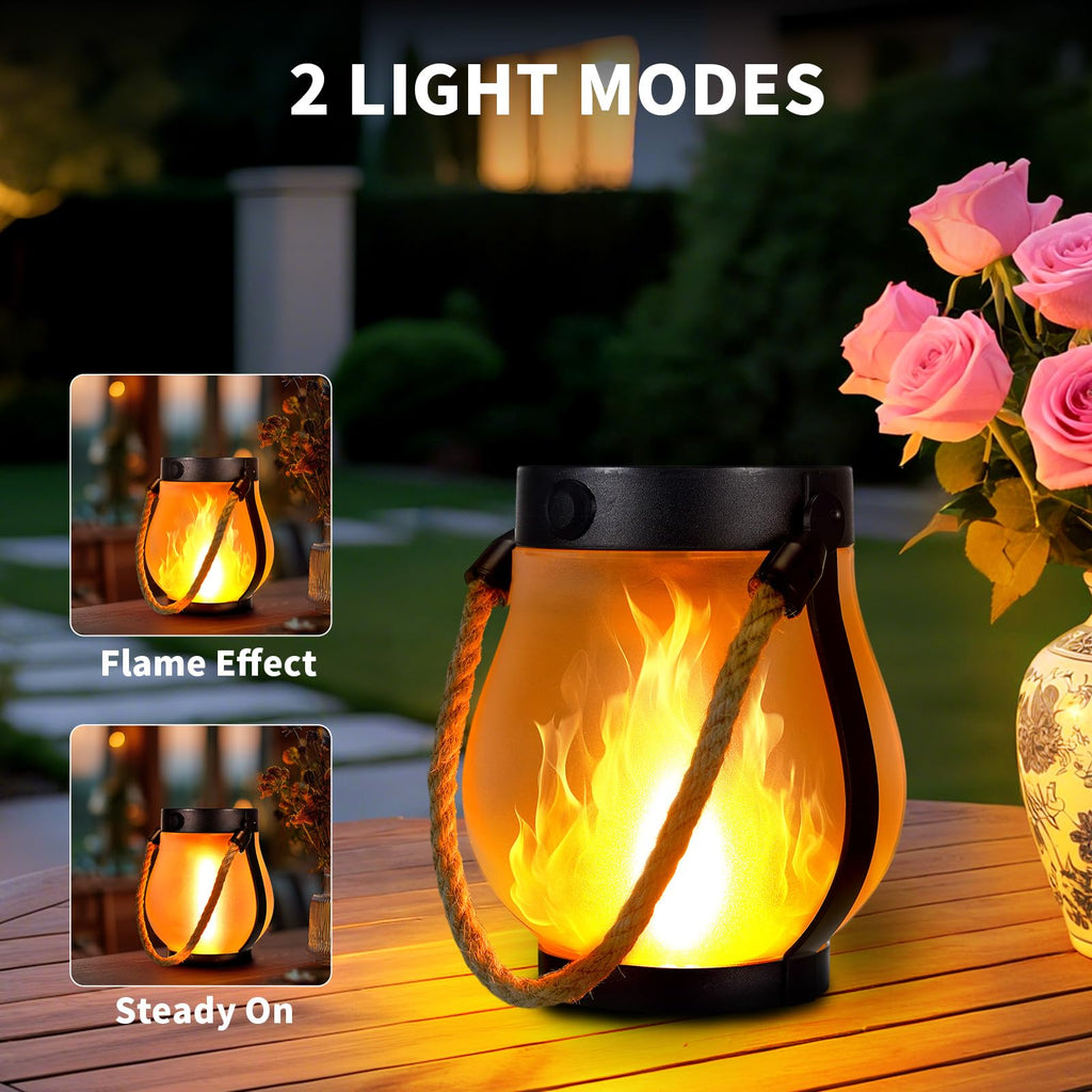 SANMOON 2 Pack Solar Flame Lantern Lights | Outdoor Flickering Flame Hanging Lanterns with USB & Solar Charging